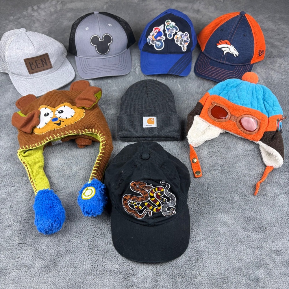 Kids Hat Bundle Carhartt Beanie Denver Broncos New Era Nintendo Mario Mickey 8pc